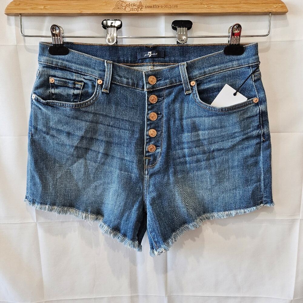 7 For All Mankind Medium Blue Button-Fly Frayed Hem Denim Shorts